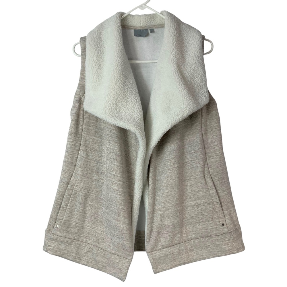 Athleta Oatmeal Heather Vest M Open Front Shawl Collar Sleeveless Sherpa Trim